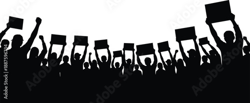 Black silhouette of crowd of people holding protest signs and banners isolated on white background, demonstration or strike for social justice vector illustration design. (24 words)