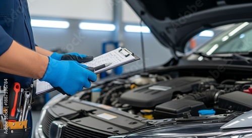 A professional mechanic in blue gloves inspects a car engine with a clipboard and pen in an auto repair shop.