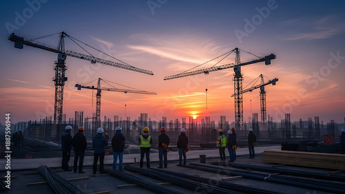 Construction Crew Standing on Site with Cranes at Sunset