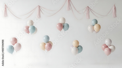 Pastel Balloons Hanging in Room with Tassel Garland