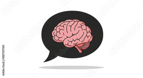 Brain in a speech bubble symbolizing ideas and communication with a pink cerebral organ on a black chat icon