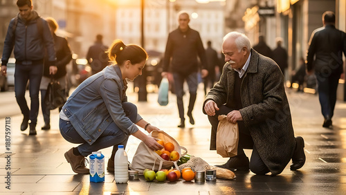 Woman and Elderly Man Gather Fresh Produce on City Street at Sunset