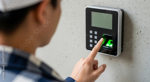 A person's hand scanning a fingerprint on a biometric time clock or access control system mounted on a wall, indicating secure entry or attendance tracking.