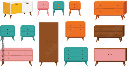 Mid century modern furniture illustration set with colorful cabinets, wardrobes and drawers, stylish storage units for interior design, home decor and retro furnishing concepts