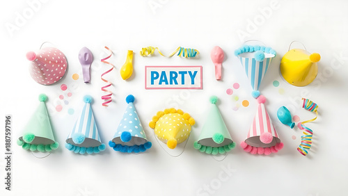 Children's Birthday Party Decorations with Hats Balloons and Confetti