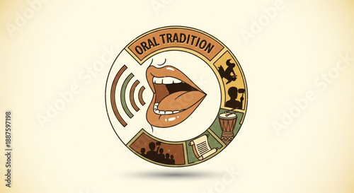 Oral tradition logo with open mouth and sound waves on beige background