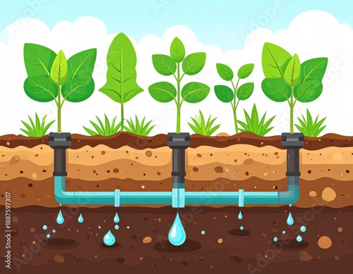 Flat Design Illustration of an Automated Irrigation System
