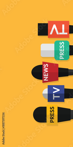 Colorful microphone background template. News, reporter and press banner. Television and media