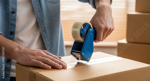 A person is using a tape dispenser to seal a cardboard box, preparing it for shipping or storage.
