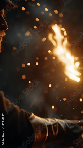 Medieval Archer Shooting Flaming Arrow at Night.