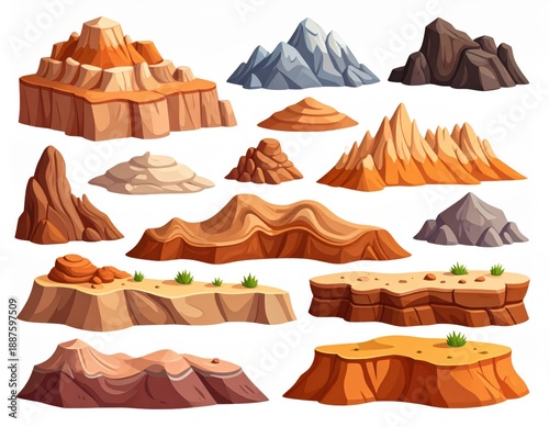 Cartoon Mountain and Rock Illustrations on a White Background