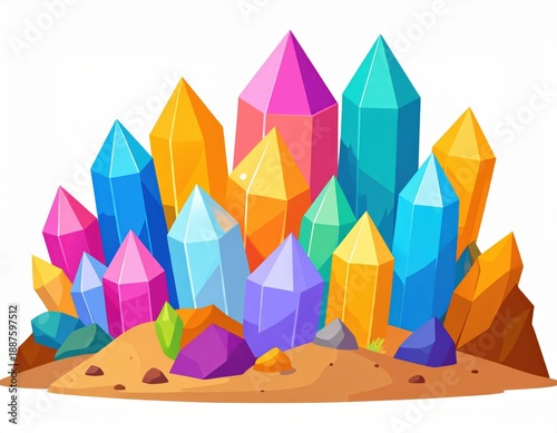 Colorful Crystal Gems Cluster in Flat Vector Illustration