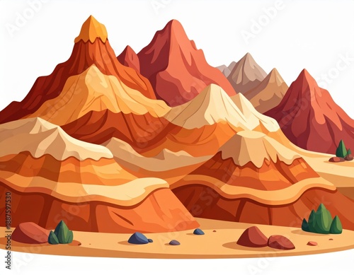 Stylized Cartoon Desert Landscape with Layered Mountains