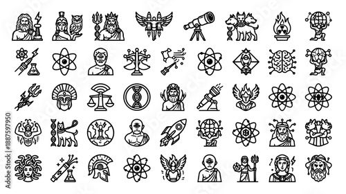 Mythology and Science Fusion Icon Set: 40 Vector Symbols of Ancient Legends and Modern Research in Bold Black and White Outline Style