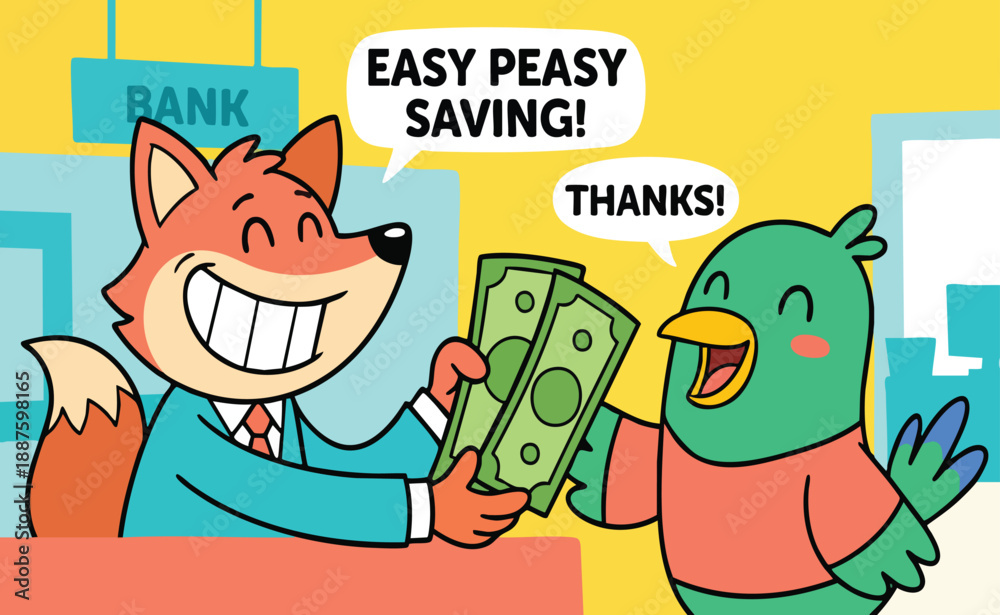 Obraz premium Illustration of a smiling fox bank teller handing cash to a cheerful bird customer at a bank counter indoors