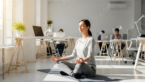 Young Woman Practicing Yoga Meditation in Bright Modern Office Space