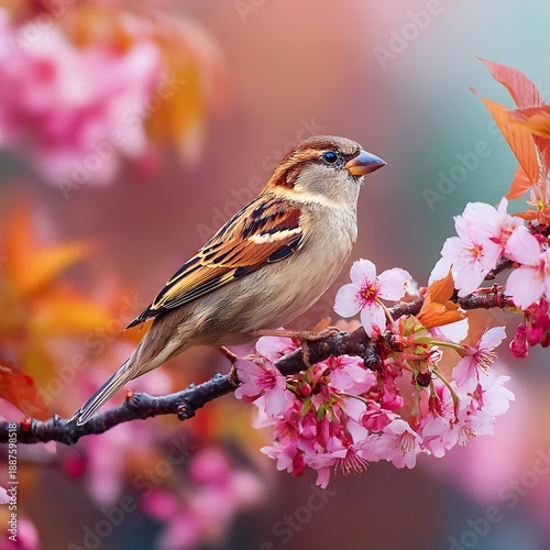 Picturesque tiny bird perched among blooming cherry trees during sunrise high resolution picture