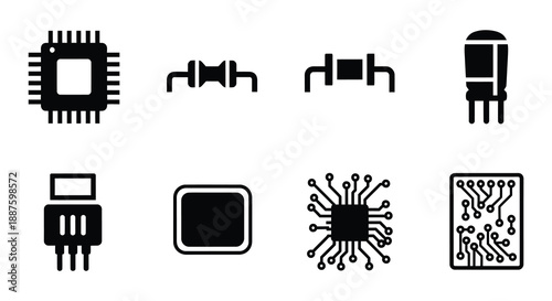 Foto Collection of various black and white microchip and circuit board icons displaye