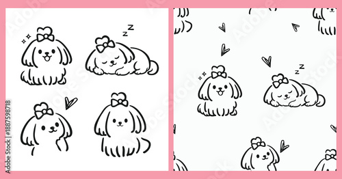 Cute puppy illustration set in simple black line art with bow details and playful poses, including seamless pattern design for coloring pages, stationery, stickers, and minimalist children graphics.
