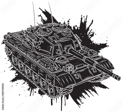 Intricate Line Art of an Armored Tank Emerging from a Grunge Splash