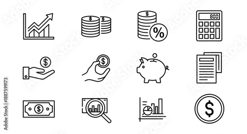 Financial growth and investment icons money charts piggy bank and savings