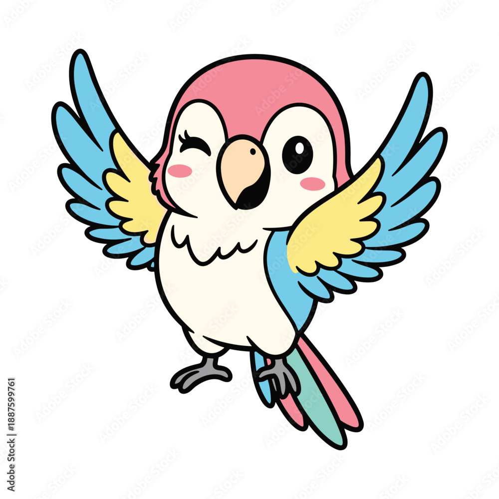 Obraz premium Colorful cartoon parrot with blue and yellow wings flying with a happy expression bird