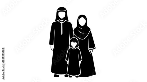 Elegant and minimalist vector illustration featuring a family of three in traditional robes, depicted as a black silhouette against a clean white background, ideal for cultural, heritage, and family.