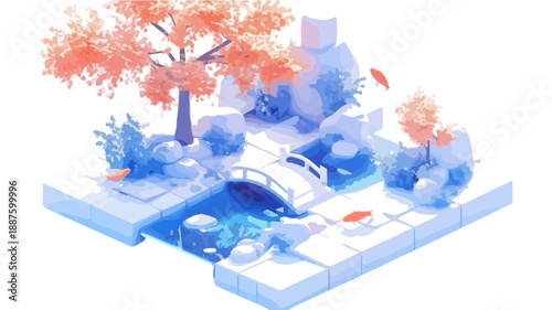 Ilustração isométrica minimalista de jardim zen japonês com árvore de outono e ponte sobre água.