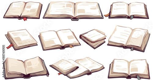 Coleção de livros abertos com páginas em branco, ilustração vetorial com fundo transparente para design.