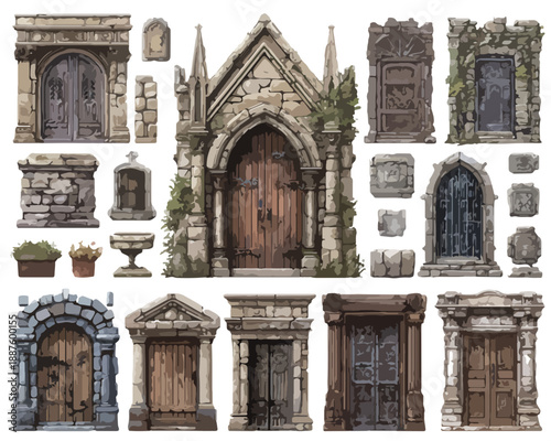 Coleção de portais e entradas de pedra antigos, góticos e medievais com portas de madeira detalhadas