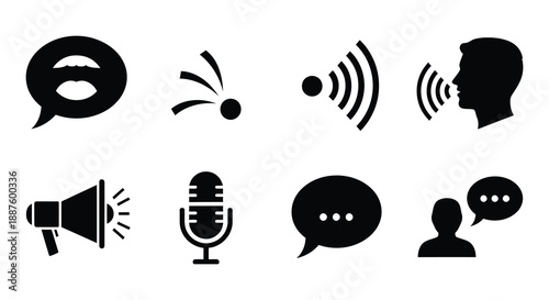 Communication icons depicting speech sound and dialogue in a monochrome style