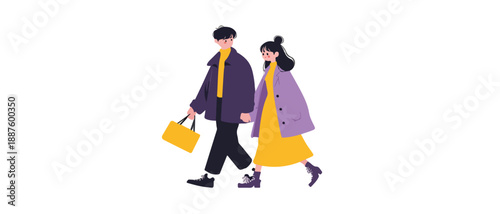 Pareja joven caminando con estilo de moda invernal, ilustración plana con fondo transparente.