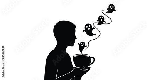 Silhouette of a person smelling a steaming cup with tiny ghosts rising from it.