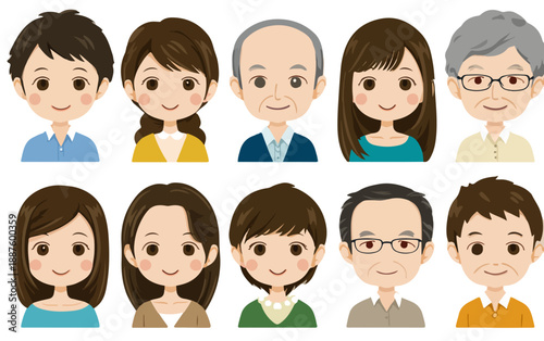 Conjunto de avatares de estilo anime japonés representando diversas personas, hombres y mujeres, con fondo transparente.