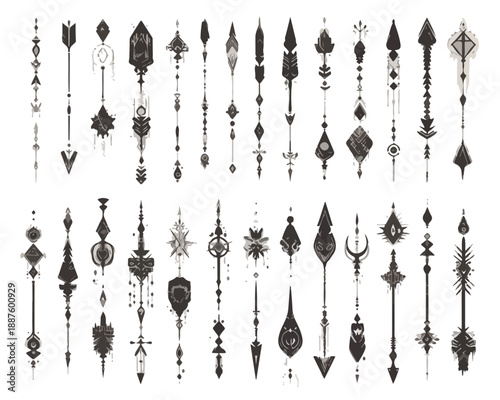 Colección de flechas ornamentales tribales y símbolos esotéricos dibujados en estilo de tatuaje lineal