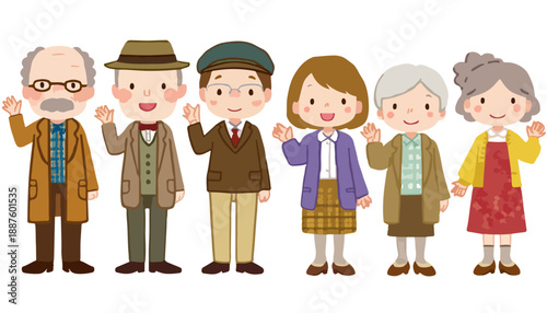 Gruppo di persone anziane sorridenti e salutanti, illustrazione vettoriale di stile cartone animato su sfondo trasparente.