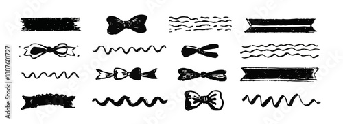 Colección de elementos gráficos dibujados a mano: lazos, moños y cintas onduladas en blanco y negro.