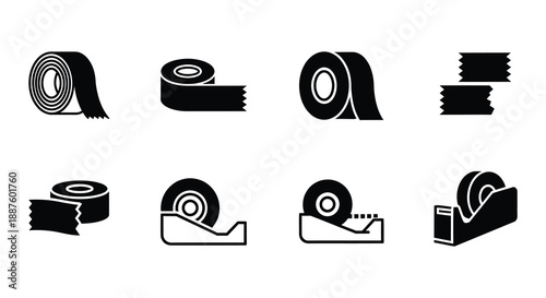 Collection of various black and white tape roll illustrations in different styles
