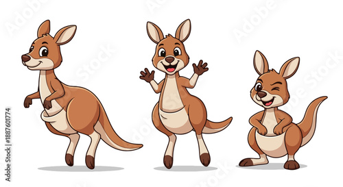 Three Happy Cartoon Kangaroos in Different Playful Poses and Emotions