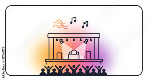 Music stage performance with crowd and musical notes illustration gradient background entertainment concept