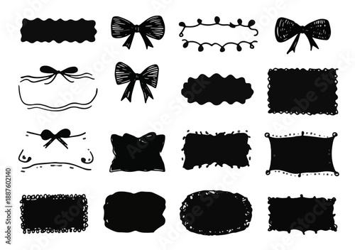 Conjunto de marcos dibujados a mano, lazos y etiquetas de estilo rústico con fondo transparente para diseño.