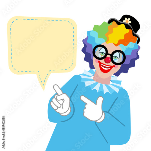 Smiling cartoon clown with a blank speech bubble. Vector icon for design birthday party, poster, banner, greeting card