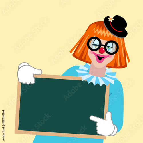 Funny cartoon clown with blank board in hands. Vector illustration
