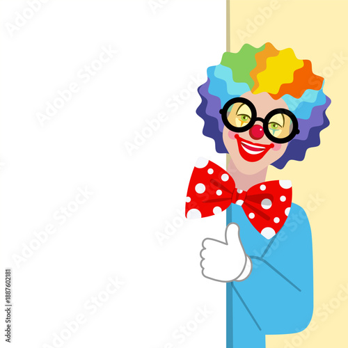 Cartoon funny clown with a blank billboard. Vector illustration for design birthday party, poster, banner, card, web site
