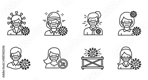 Diverse group of people wearing face masks and virus icons shown