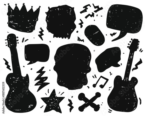 Coleção de silhuetas pretas grunge de elementos de rock, caveiras, guitarras e coroas sobre fundo transparente.