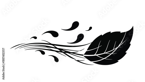 Stylized black leaf with swirling wind elements, suggesting nature and movement
