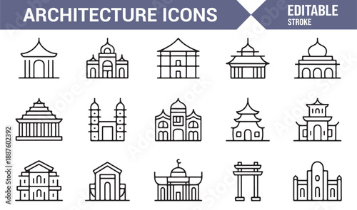 Historic buildings and landmarks vector icon set