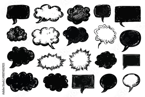Coleção de balões de fala e pensamento desenhados à mão em preto e branco com fundo transparente.
