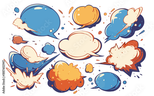 Coleção vibrante de balões de fala estilo cartoon com explosões e nuvens de pensamento em fundo transparente.
